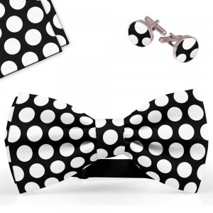 Set papion barbati, batista, butoni, negru, buline albe, mari